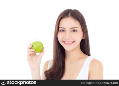 Beautiful young asian woman smile and holding green apple fruit with wellness and healthy isolated on white background.