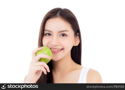 Beautiful young asian woman smile and holding green apple fruit with wellness and healthy isolated on white background.