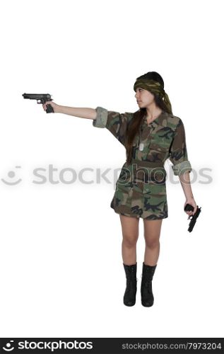 Beautiful young Asian woman soldier with a gun