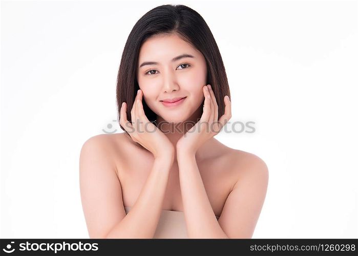 Beautiful Young Asian Woman with Clean Fresh Skin. Face care, Facial treatment, on white background, Beauty and Cosmetics Concept