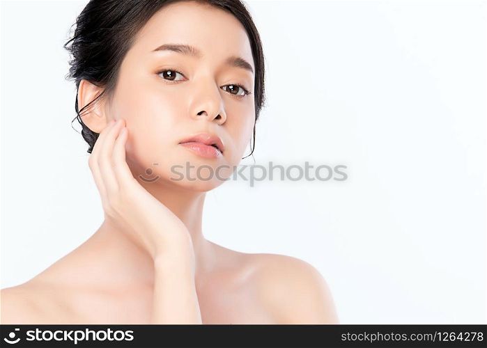 Beautiful Young Asian Woman with Clean Fresh Skin. Face care, Facial treatment, Cosmetology, beauty and healthy skin and cosmetic concept .woman beauty skin isolated on white background