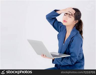 Beautiful young asian woman working and looking laptop computer with exhausted and worried isolated on white background, asia businesswoman frustrated and stress for business with problem.