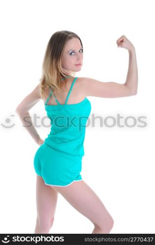 Beautiful young athletic girl shows biceps. Isolated on white background