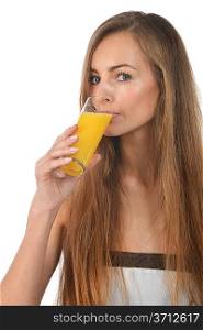 beautiful young blond woman drinking orange juice
