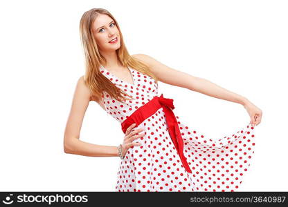 Beautiful young blond woman in red dress