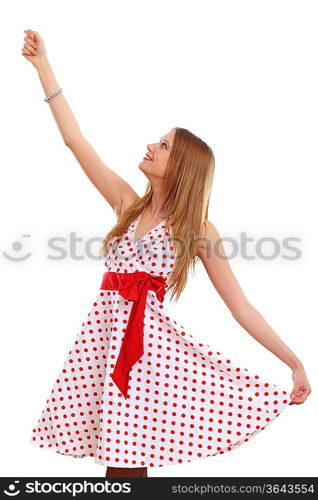 Beautiful young blond woman in red dress