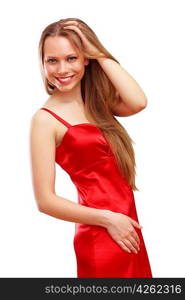 Beautiful young blond woman in red dress