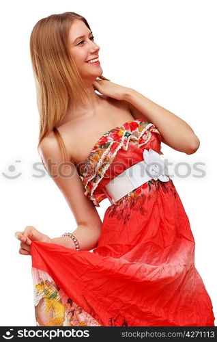 Beautiful young blond woman in red dress