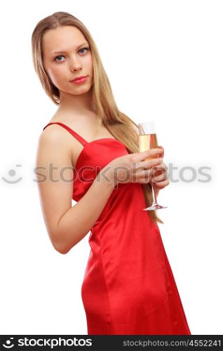 Beautiful young blond woman in red dress