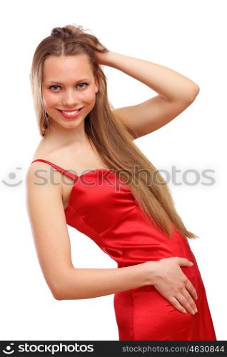 Beautiful young blond woman in red dress