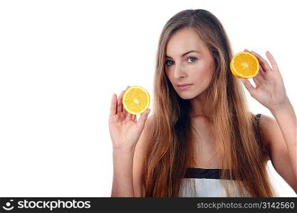 beautiful young blond woman with halfs of orange in her hands