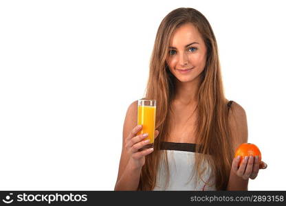 beautiful young blond woman with orange and glass of juice in her hands