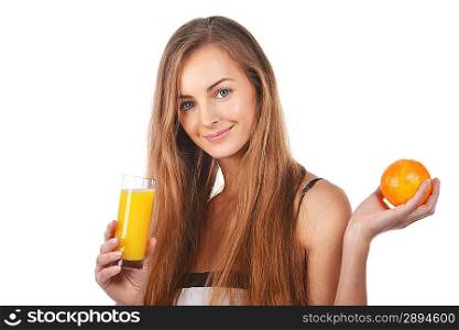 beautiful young blond woman with orange and glass of juice in her hands