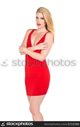 Beautiful young blonde in a short red dress