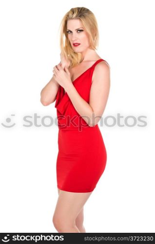 Beautiful young blonde in a short red dress