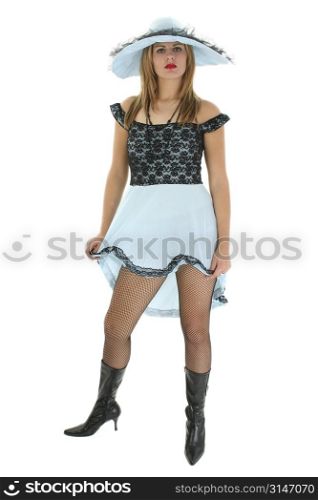 Beautiful young blonde in saloon girl costume. Ful body over white. Clipping Path.