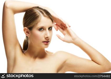 beautiful young blonde woman holding arms over her head. beautiful young blonde woman holding arms over her head on white background