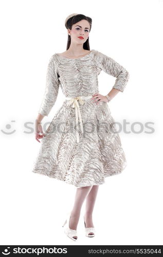 beautiful young bride wearing wedding dress in retro fashion style isolated on white background in studio