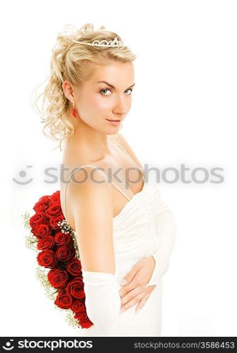 Beautiful young bride with luxury bouquet of red roses. Isolated on white background