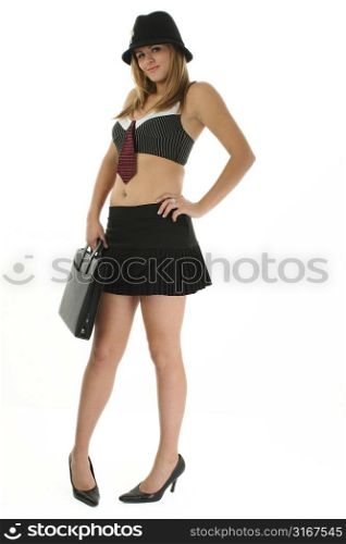Beautiful young business woman. Full body over white.