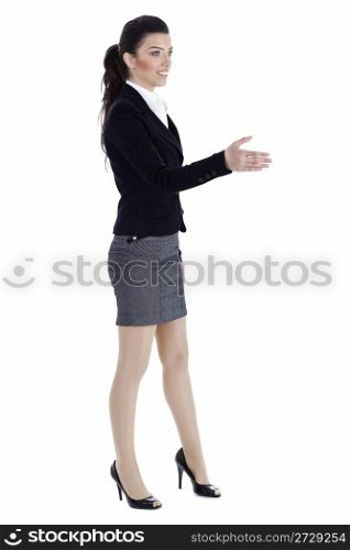 Beautiful young business woman gives open hand on isolated white background
