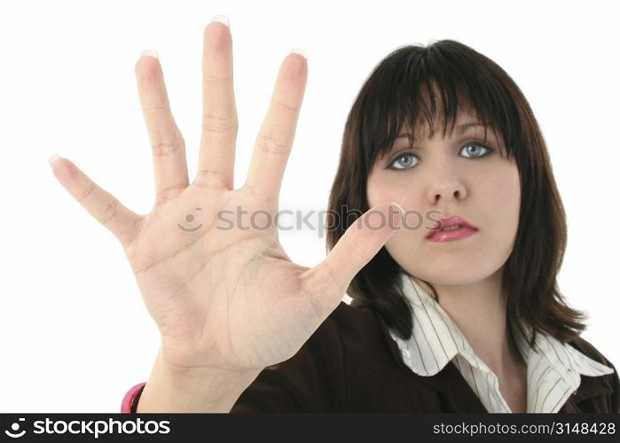 Beautiful young business woman holding open palm towards camera. Nice manicured hand.
