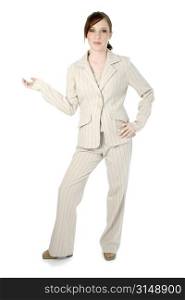 Beautiful young business woman in beige stripped suit over white.