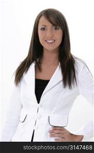 Beautiful Young Business Woman In White On White. Fantstic teeth and great smile.