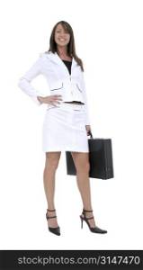 Beautiful Young Business Woman in white suit with briefcase.