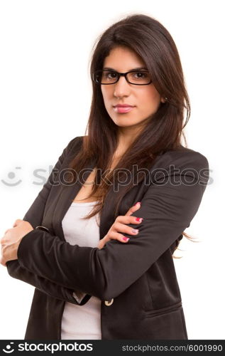 Beautiful young business woman posing isolated over copy space background