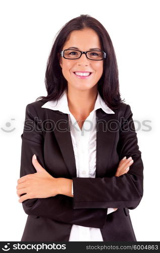 Beautiful young business woman posing isolated over white