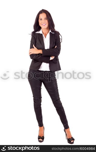 Beautiful young business woman posing isolated over white