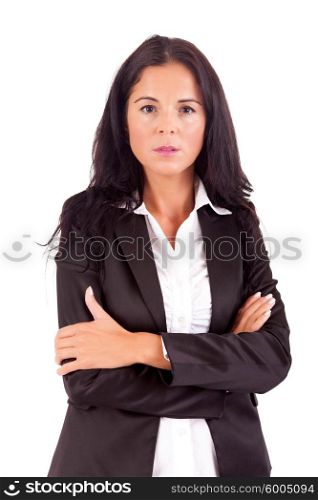 Beautiful young business woman posing isolated over white