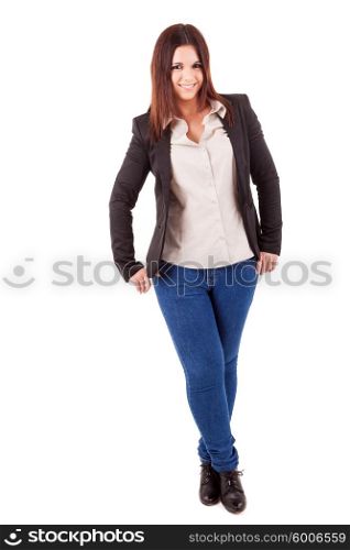 Beautiful young business woman posing isolated over white