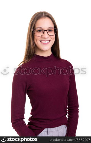 Beautiful young business woman posing isolated over white background