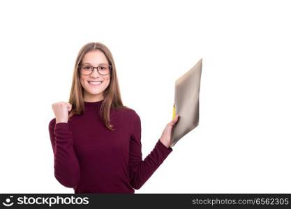 Beautiful young business woman posing isolated over white background