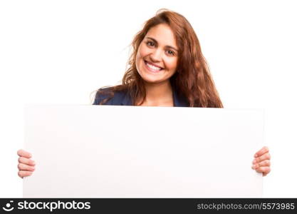 Beautiful young business woman presenting your product in a white card