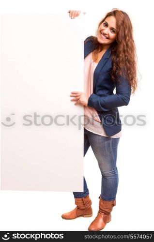 Beautiful young business woman presenting your product in a white card