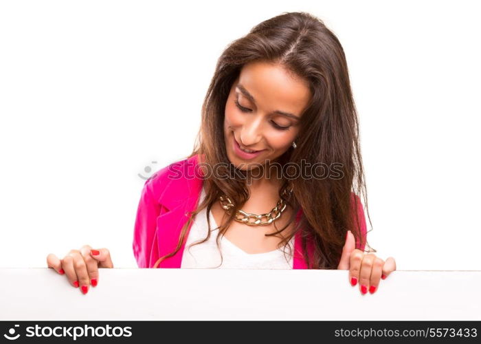 Beautiful young business woman presenting your product on a white card