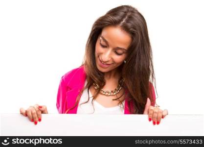 Beautiful young business woman presenting your product on a white card