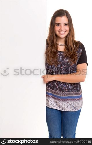 Beautiful young business woman presenting your product on a white card