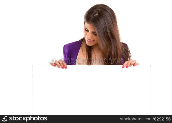 Beautiful young business woman presenting your product on a white card