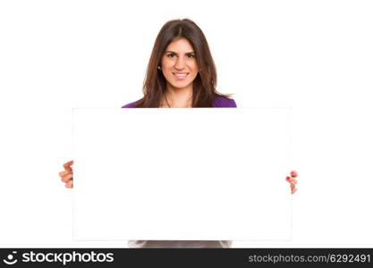 Beautiful young business woman presenting your product on a white card