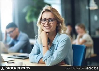 Beautiful young business woman sitting in office while looking at camera. AI Generative