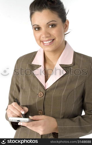 Beautiful young business woman with pda and beautiful smile.