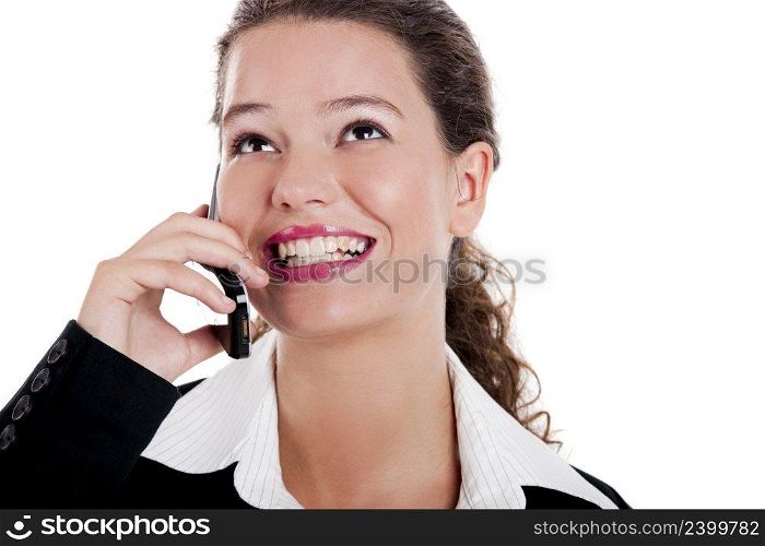 Beautiful young businesswoman talking on cellphone, isolated on white