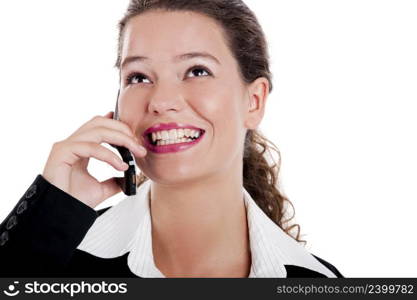 Beautiful young businesswoman talking on cellphone, isolated on white