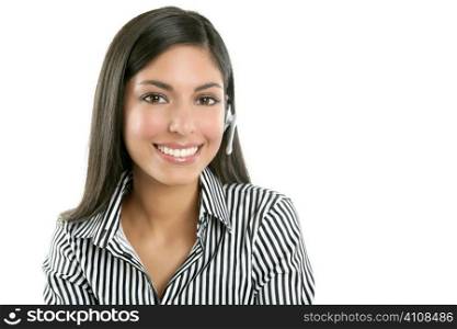 Beautiful young businesswoman talking with headset phone over white background