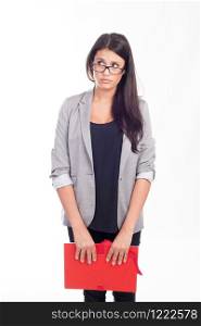 beautiful young businesswoman with a red folder looking on the side