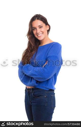 Beautiful young casual woman posing isolated over white